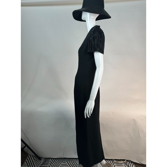 Richard Warren Petites Beaded Sleeve Long Black Dress 10P Black Acetate Blend - Picture 8 of 16